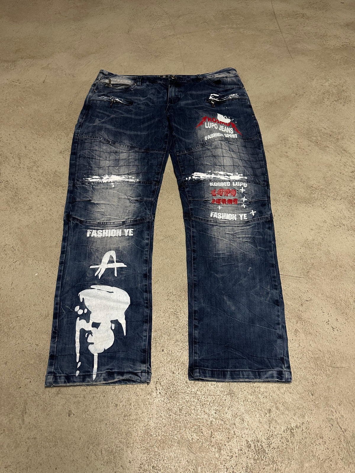 Kosmo Lupo Jeans (Dunkelblau, W40 L32, Seltenes Vintage Piece, Guter Zustand, Cooles Design)