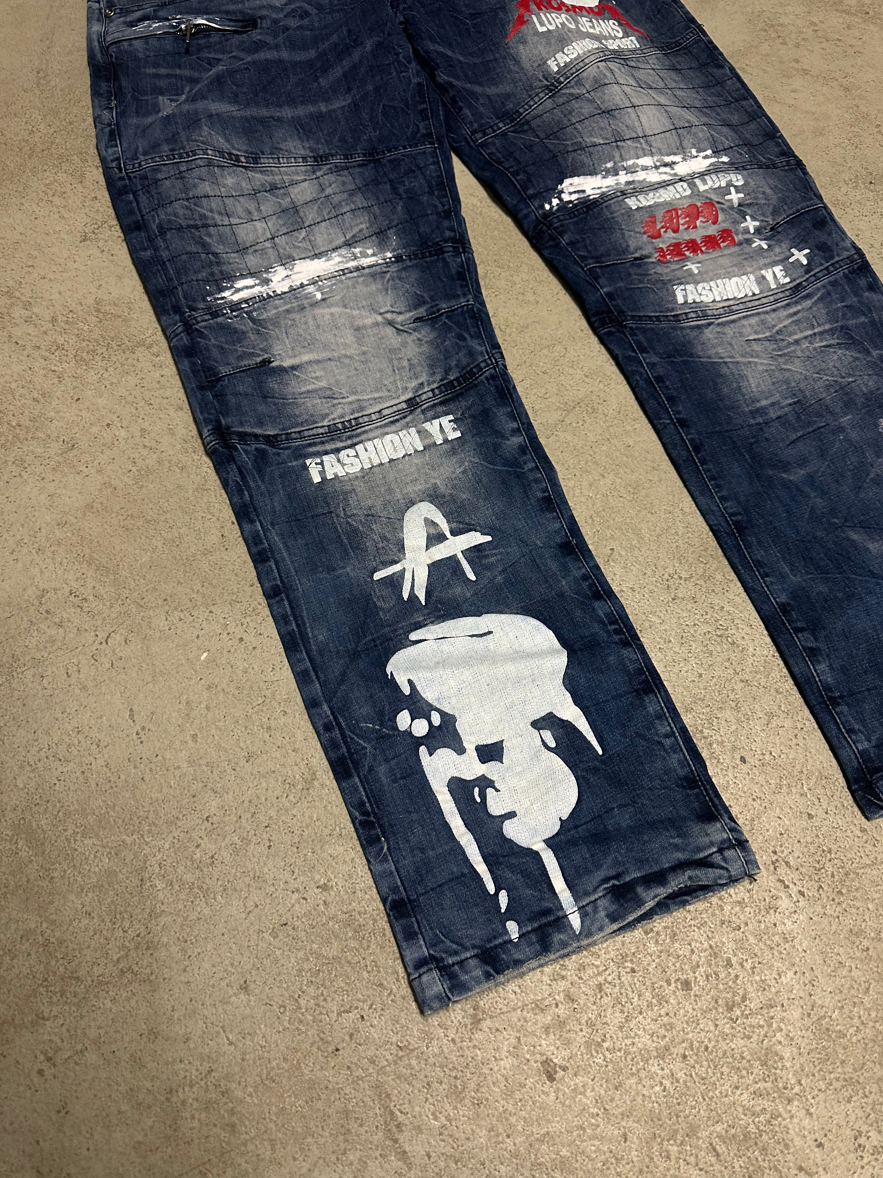 Kosmo Lupo Jeans (Dunkelblau, W40 L32, Seltenes Vintage Piece, Guter Zustand, Cooles Design)