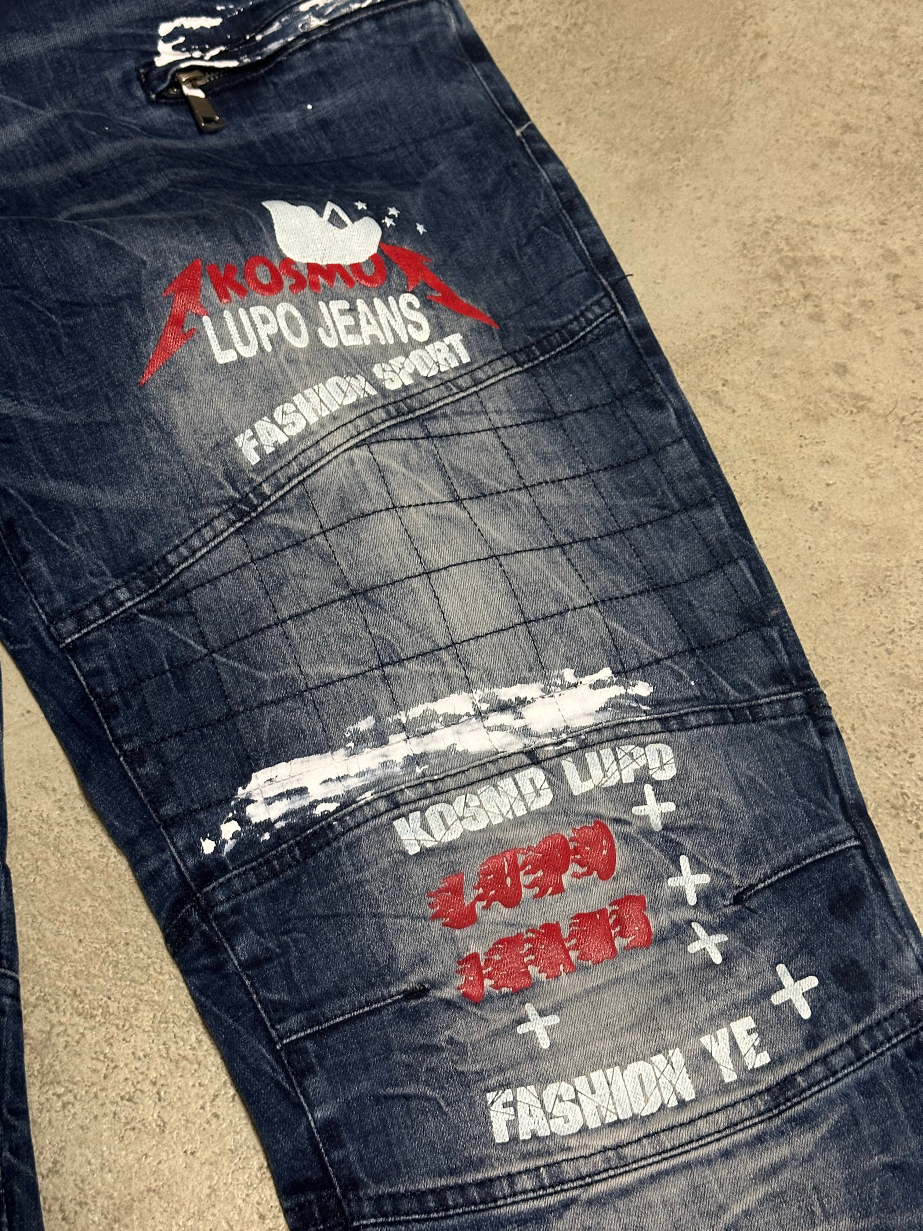 Kosmo Lupo Jeans (Dunkelblau, W40 L32, Seltenes Vintage Piece, Guter Zustand, Cooles Design)