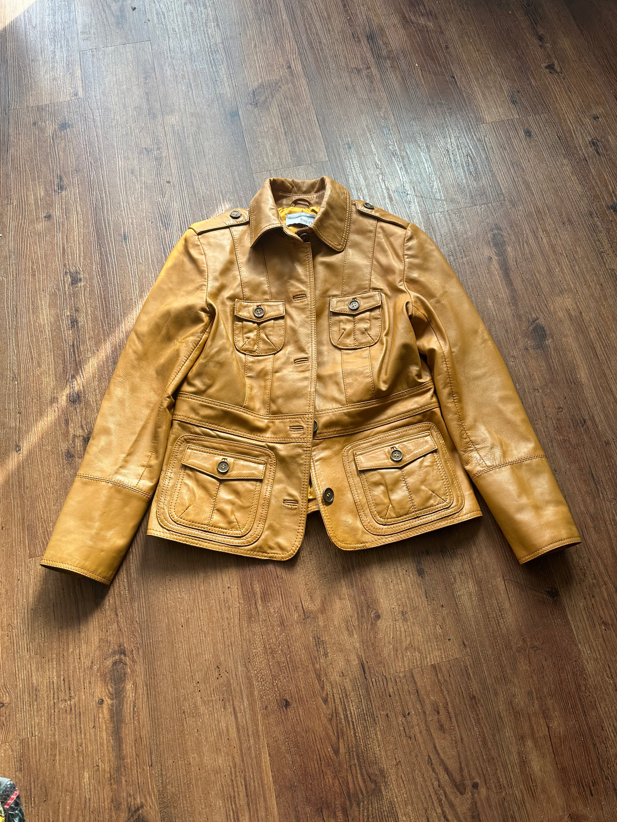 Vintage Heine Lederjacke (Vintage, Gelbsenf-Ton, Guter Zustand, Size S, Seltenes Fundstück)