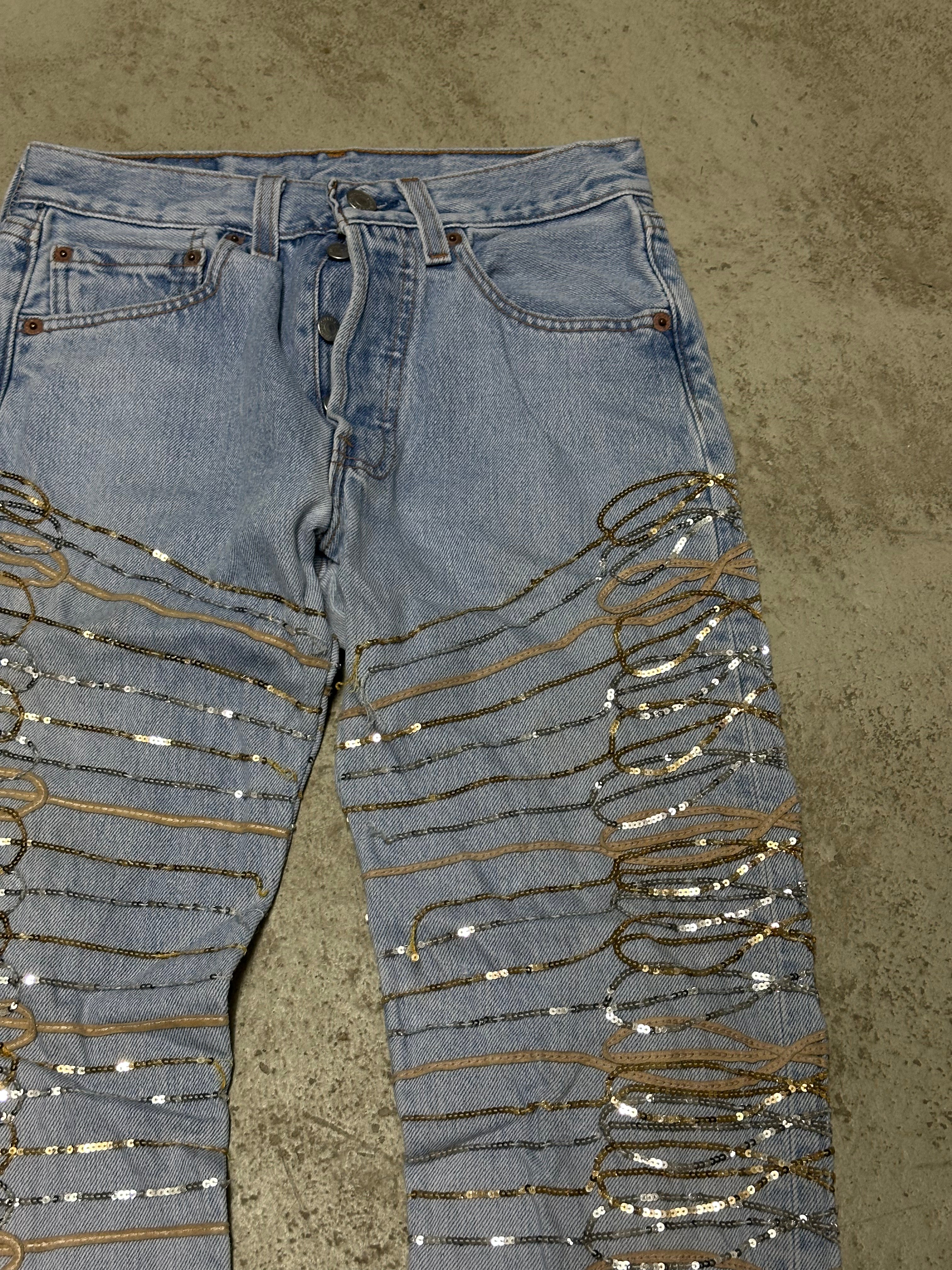 Vintage Levi’s Y2K Strass Slim Jeans Damen W34 Hellblau Strass-Details Streetwear Look