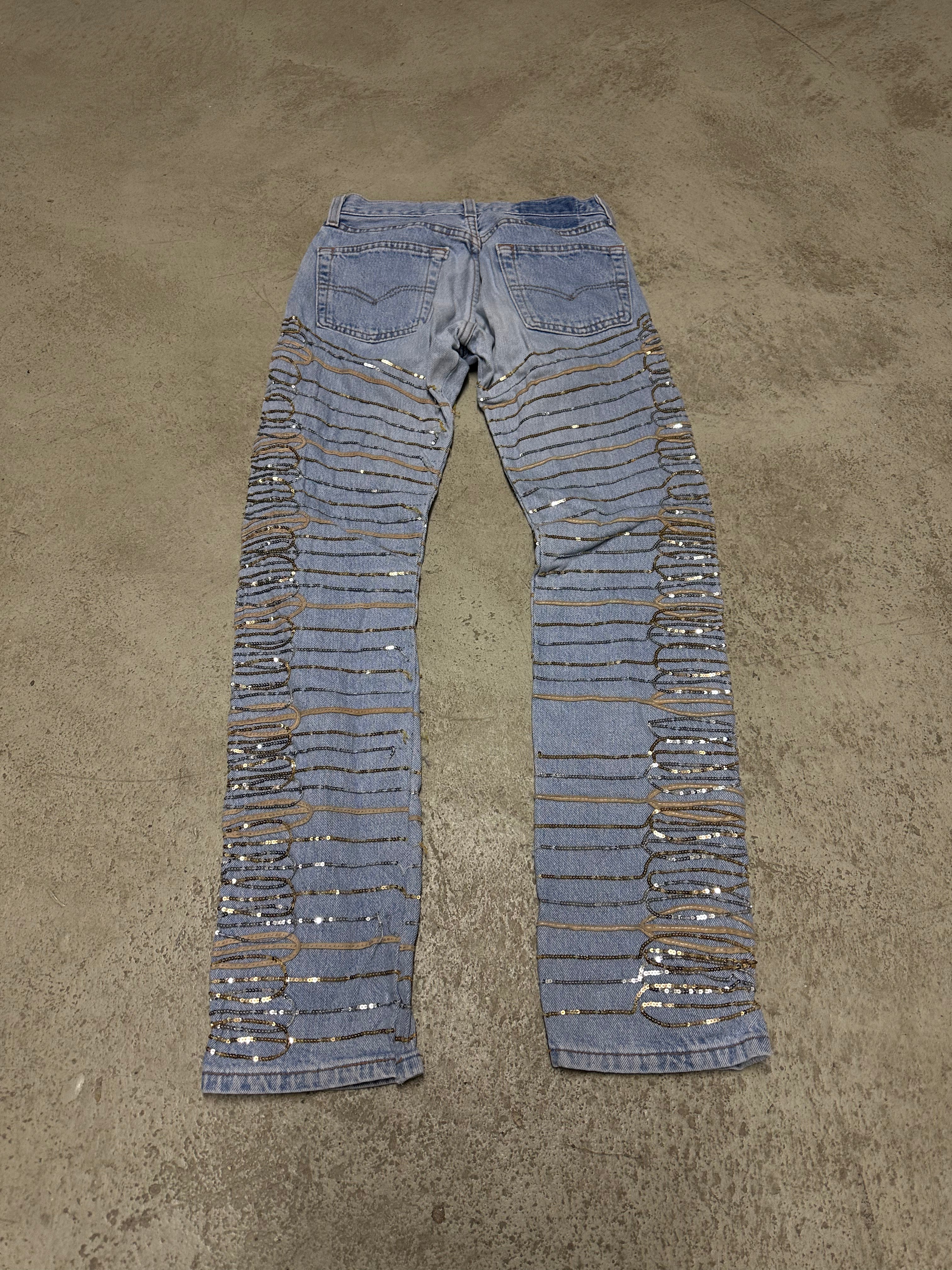 Vintage Levi’s Y2K Strass Slim Jeans Damen W34 Hellblau Strass-Details Streetwear Look