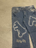 M&D Industry Baggy Jeans W34 Hellblau mit Waffen-Design Seltenes Vintage Streetwear Piece