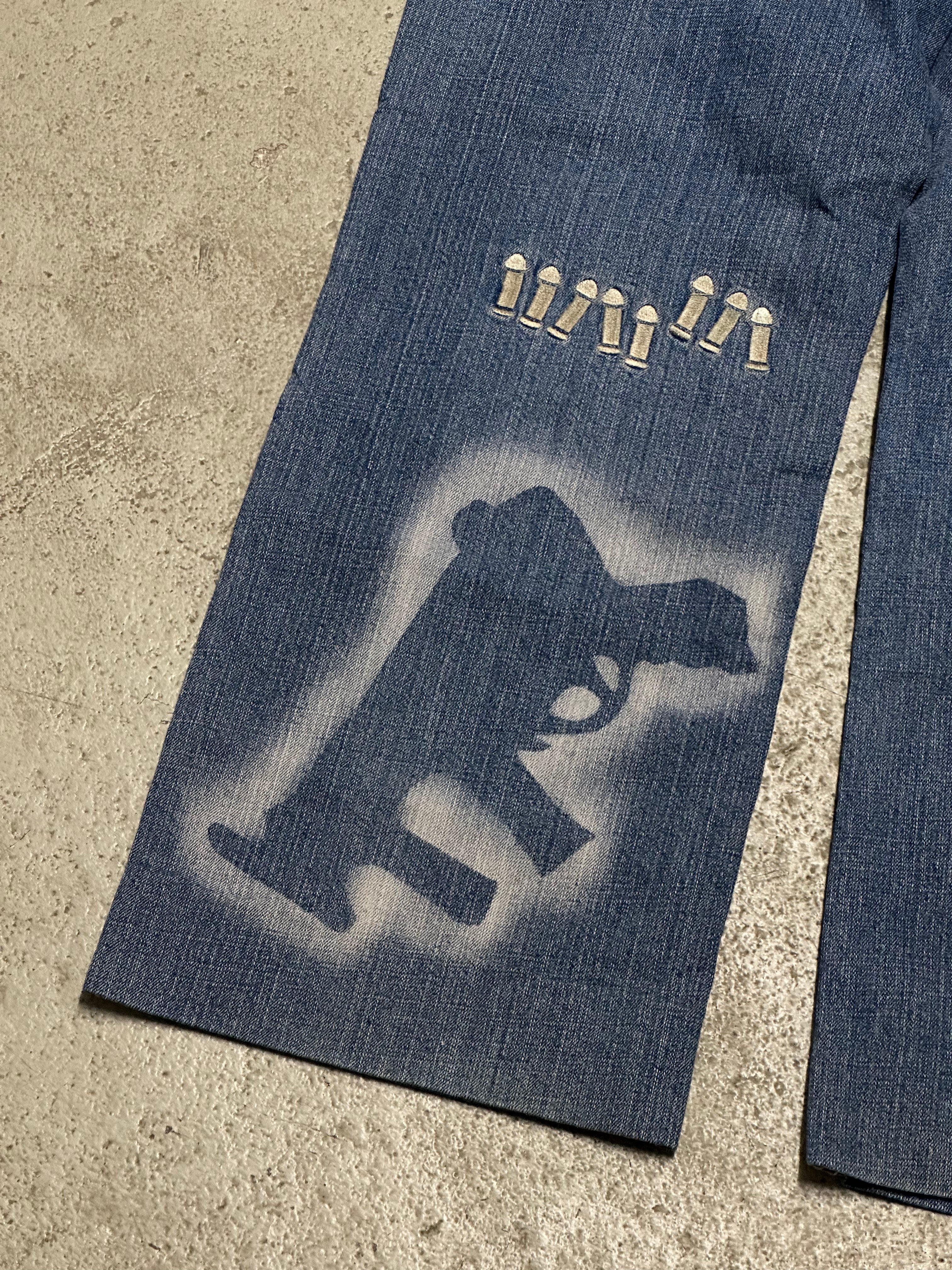 M&D Industry Baggy Jeans W34 Hellblau mit Waffen-Design Seltenes Vintage Streetwear Piece