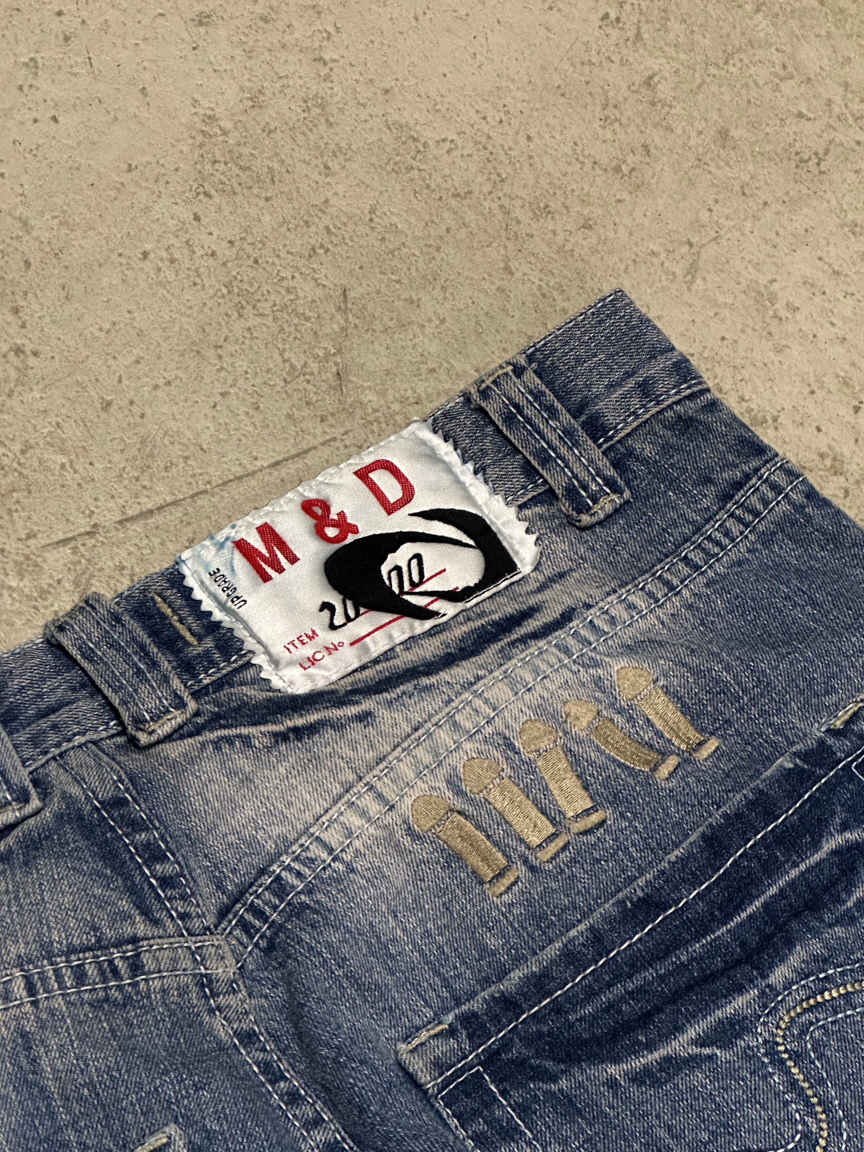 M&D Industry Baggy Jeans W34 Hellblau mit Waffen-Design Seltenes Vintage Streetwear Piece