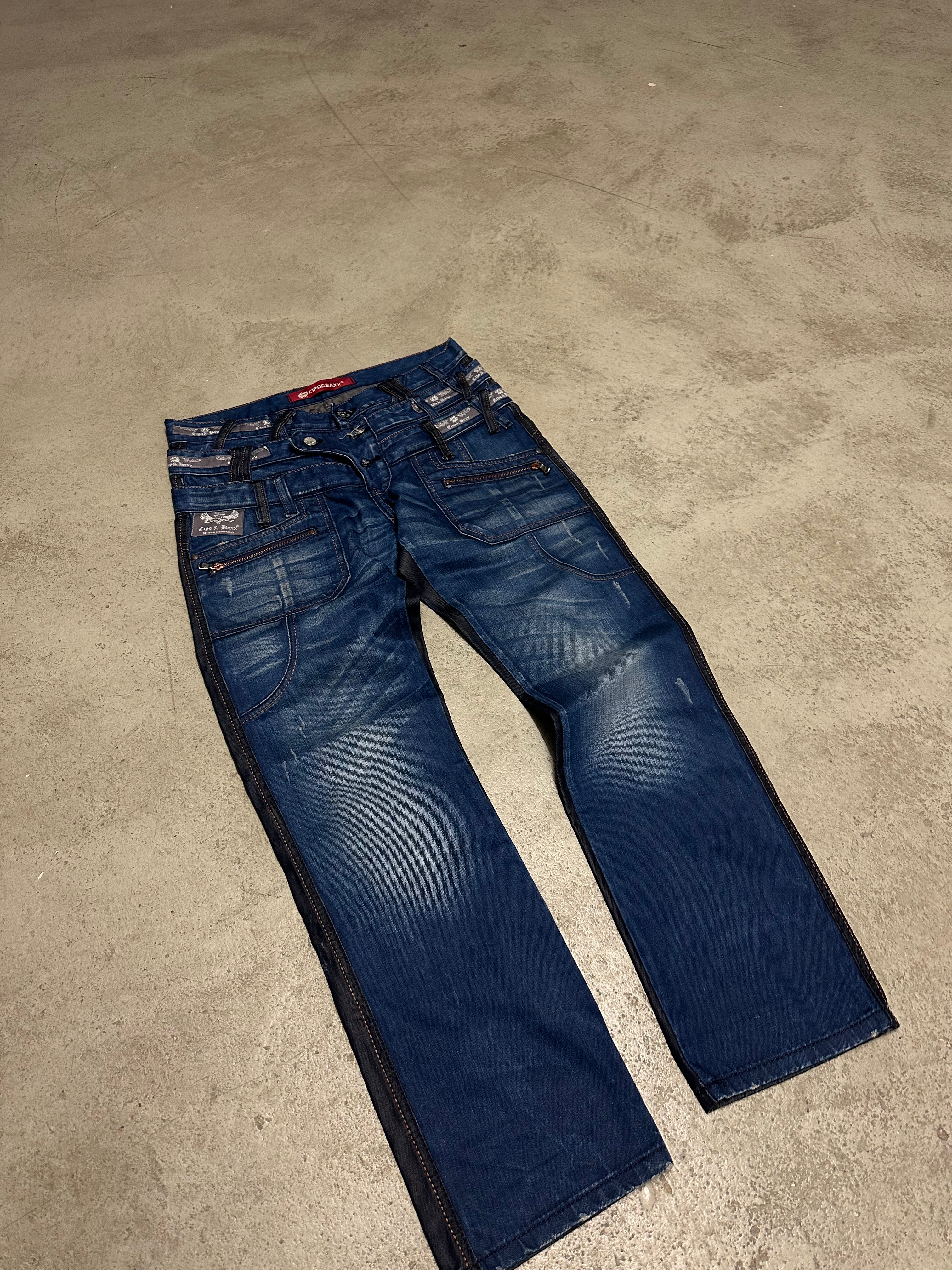 Cipo & Baxx Tripple Belt Baggy Fit Jeans – Dunkelblau Schwarz – W33 L32 Stone Wash