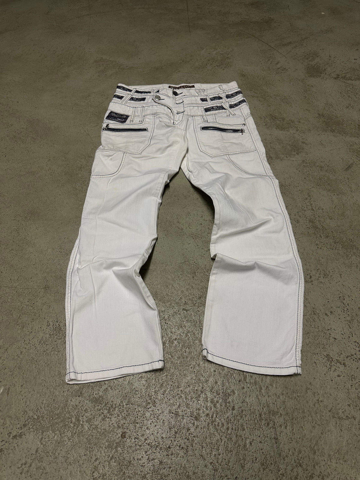 Vintage Cipo & Baxx Tripple Belt Patched Jeans – Weiß – W33 L32