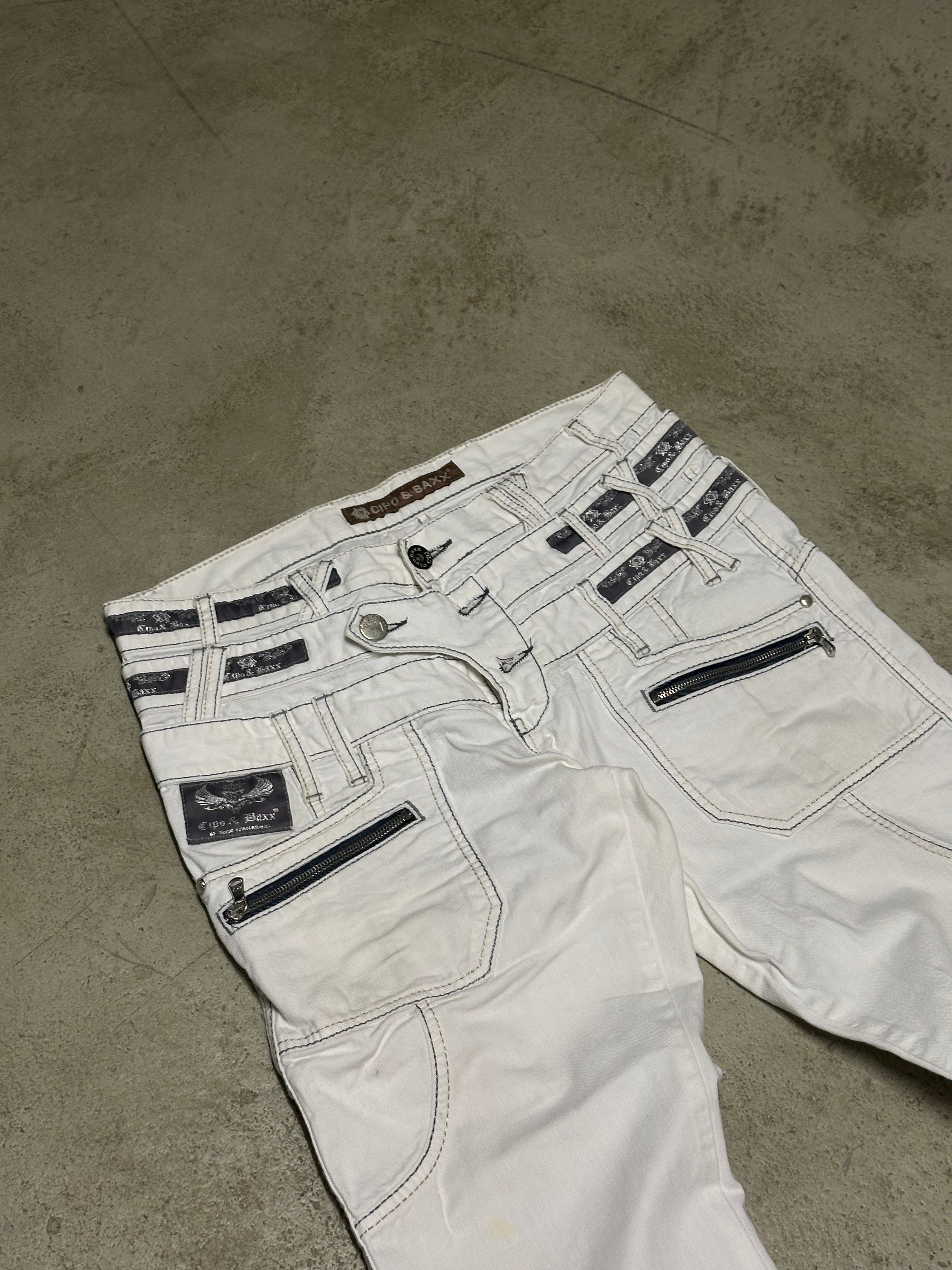 Vintage Cipo & Baxx Tripple Belt Patched Jeans – Weiß – W33 L32