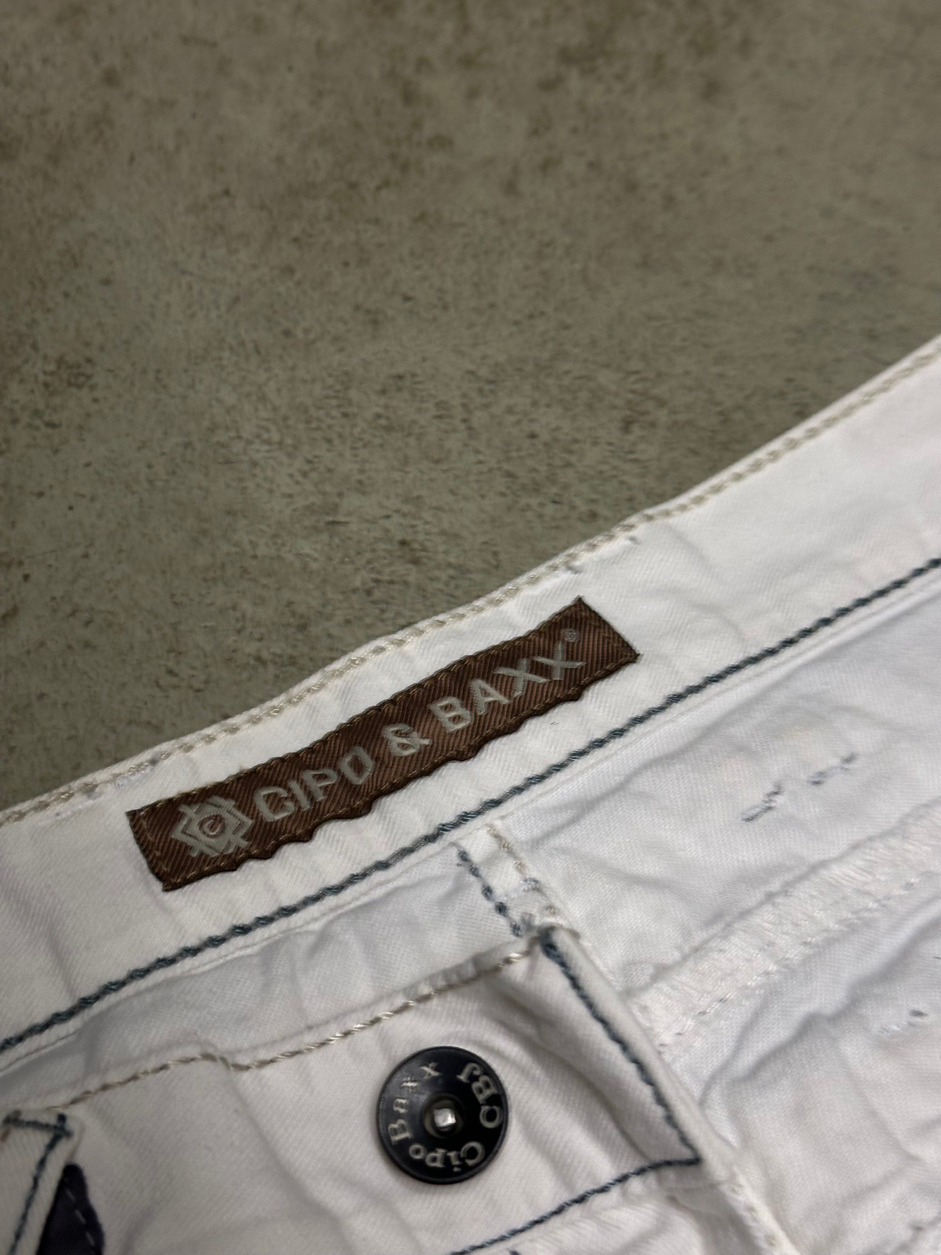 Vintage Cipo & Baxx Tripple Belt Patched Jeans – Weiß – W33 L32