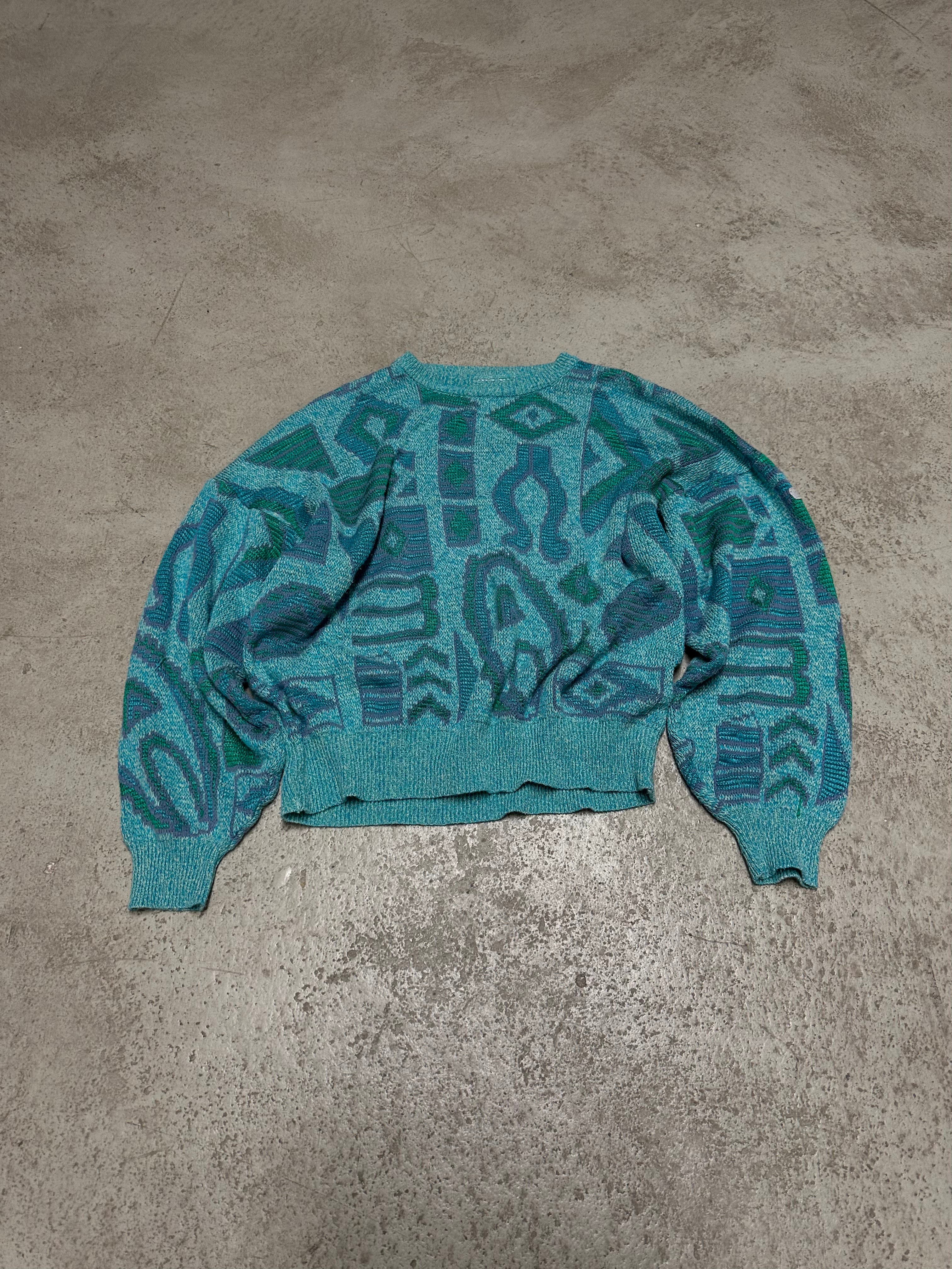 Vintage Adidas Strickpullover – Größe M (Türkis/Babyblau)