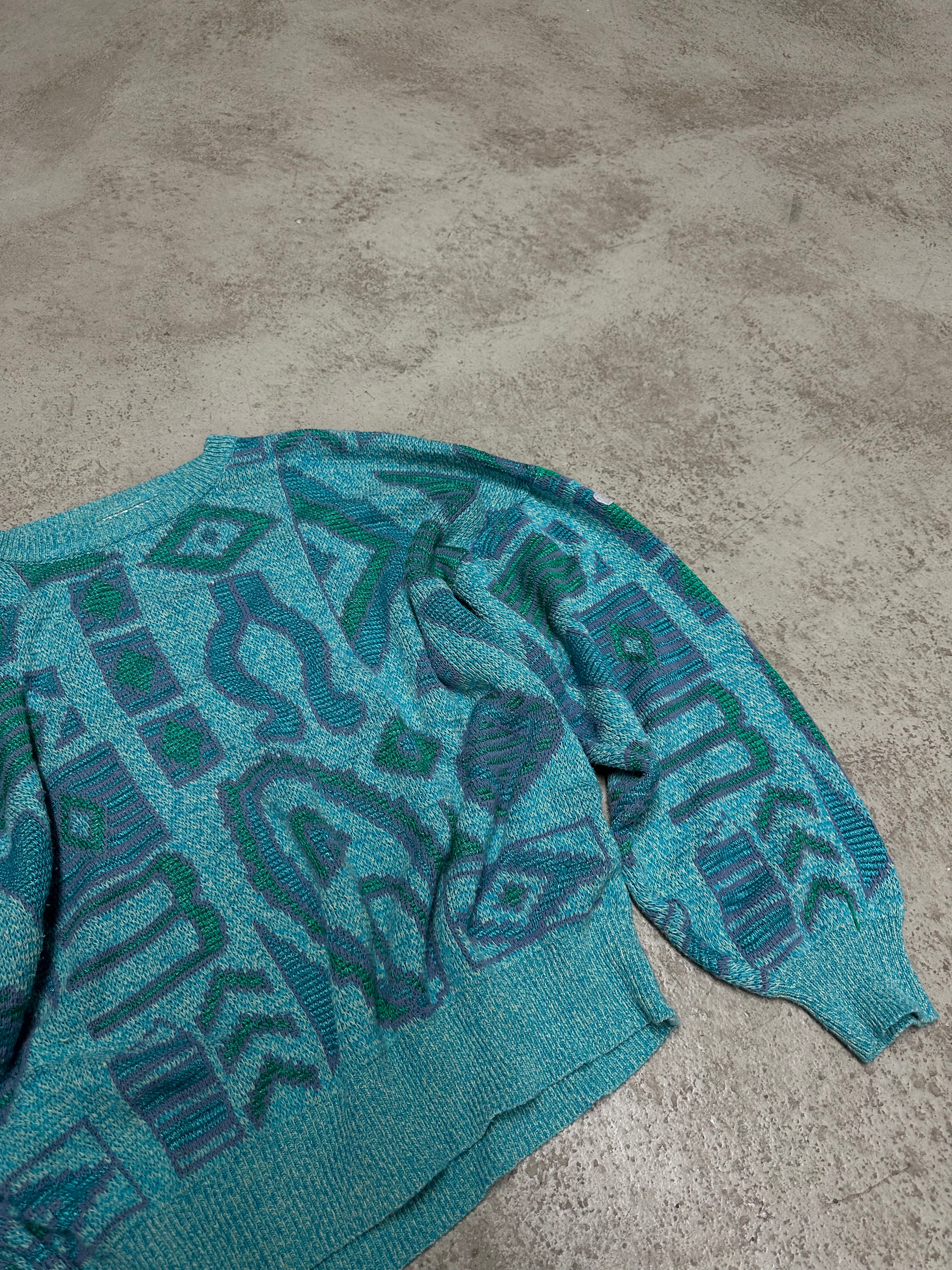 Vintage Adidas Strickpullover – Größe M (Türkis/Babyblau)
