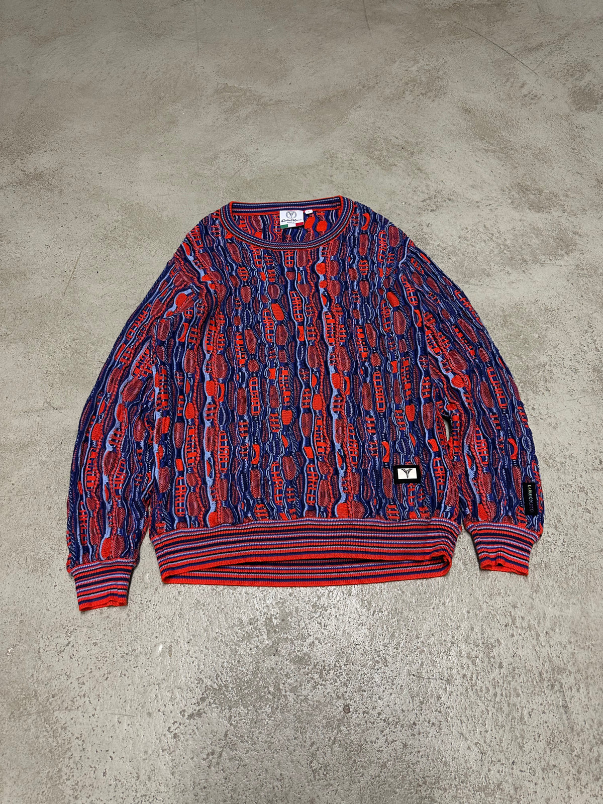 Vintage Carlo Colucci All Over Print Strickpullover – Größe L (Blau/Rot)