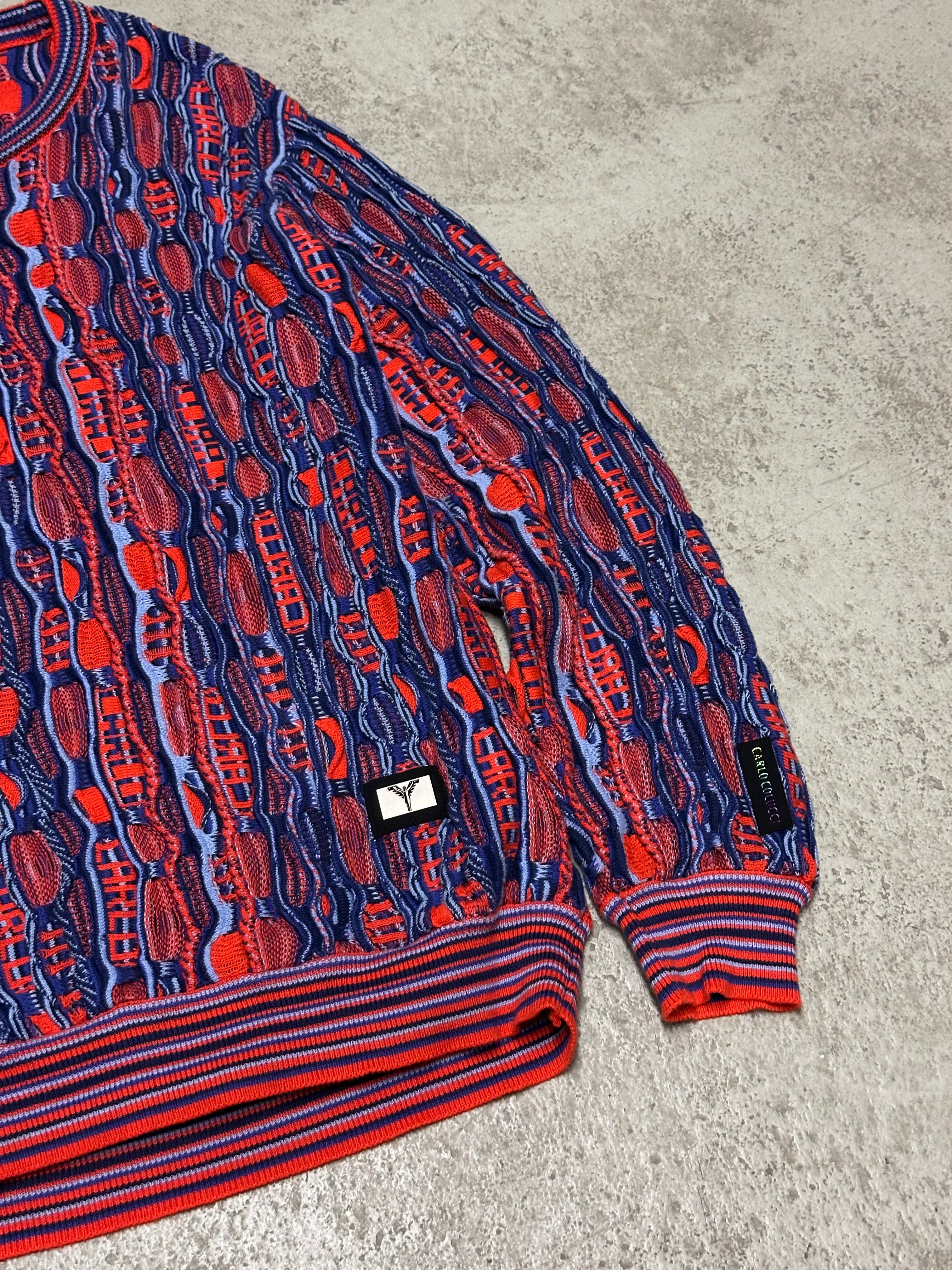 Vintage Carlo Colucci All Over Print Strickpullover – Größe L (Blau/Rot)