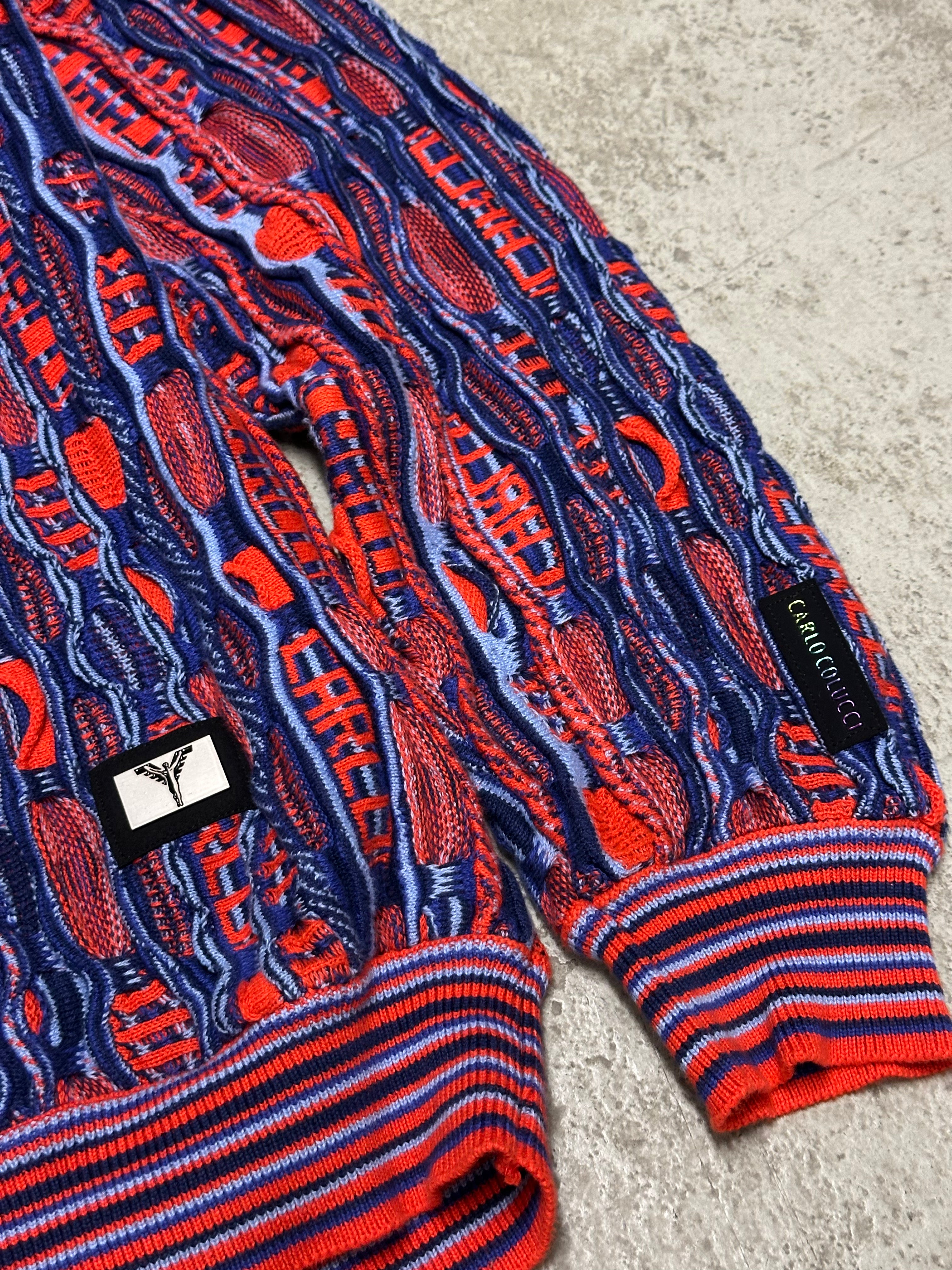 Vintage Carlo Colucci All Over Print Strickpullover – Größe L (Blau/Rot)
