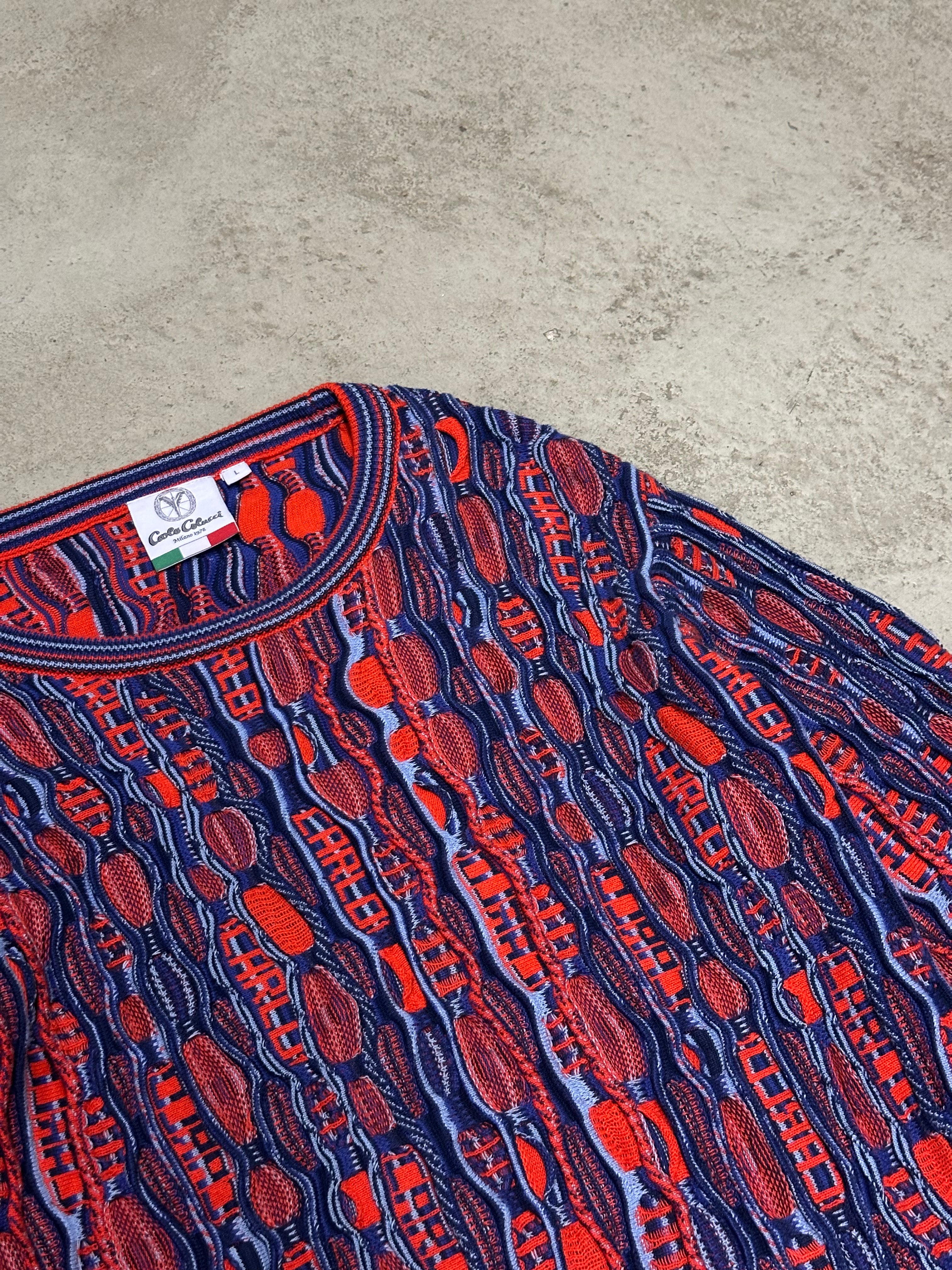 Vintage Carlo Colucci All Over Print Strickpullover – Größe L (Blau/Rot)