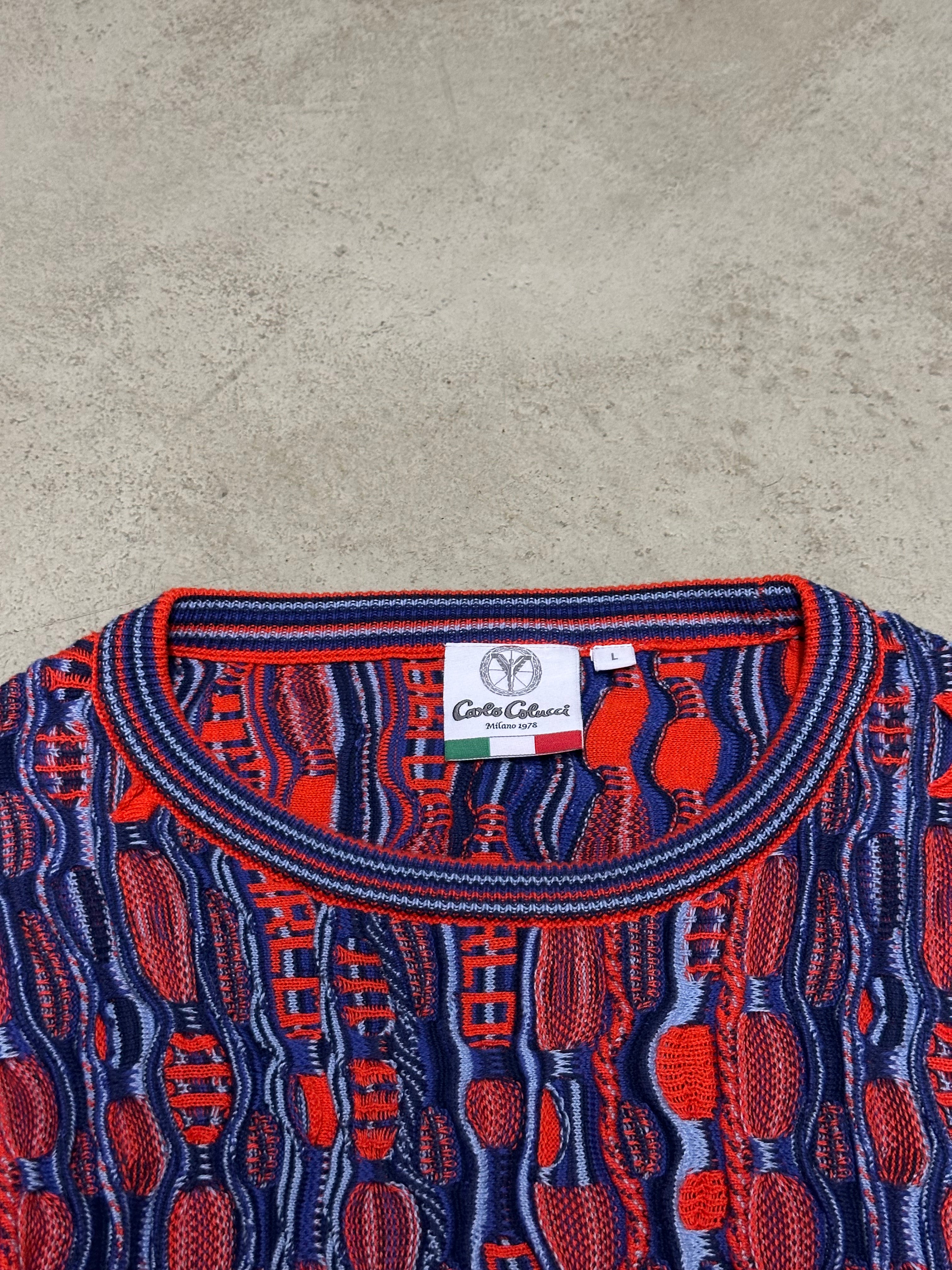 Vintage Carlo Colucci All Over Print Strickpullover – Größe L (Blau/Rot)