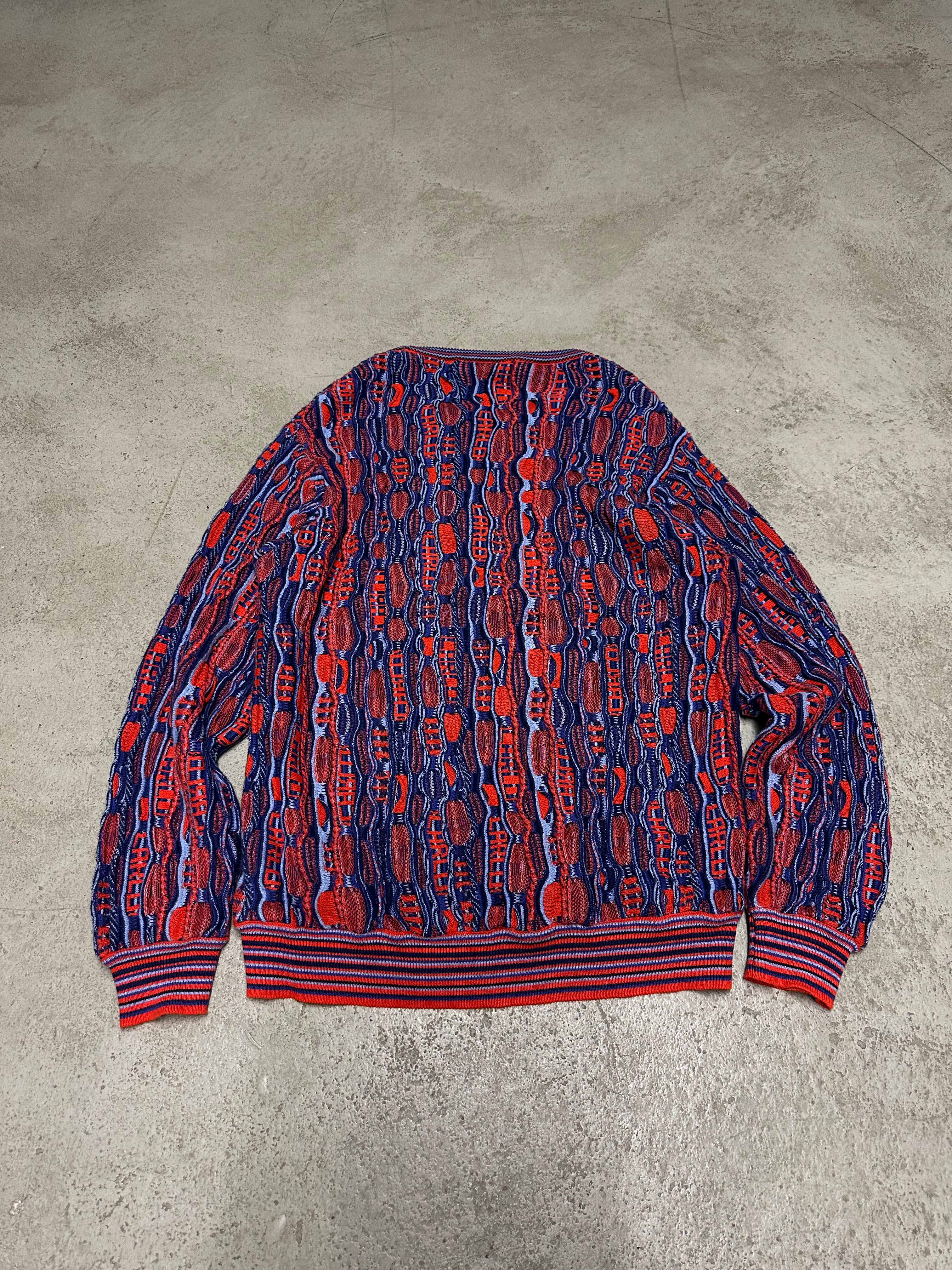 Vintage Carlo Colucci All Over Print Strickpullover – Größe L (Blau/Rot)