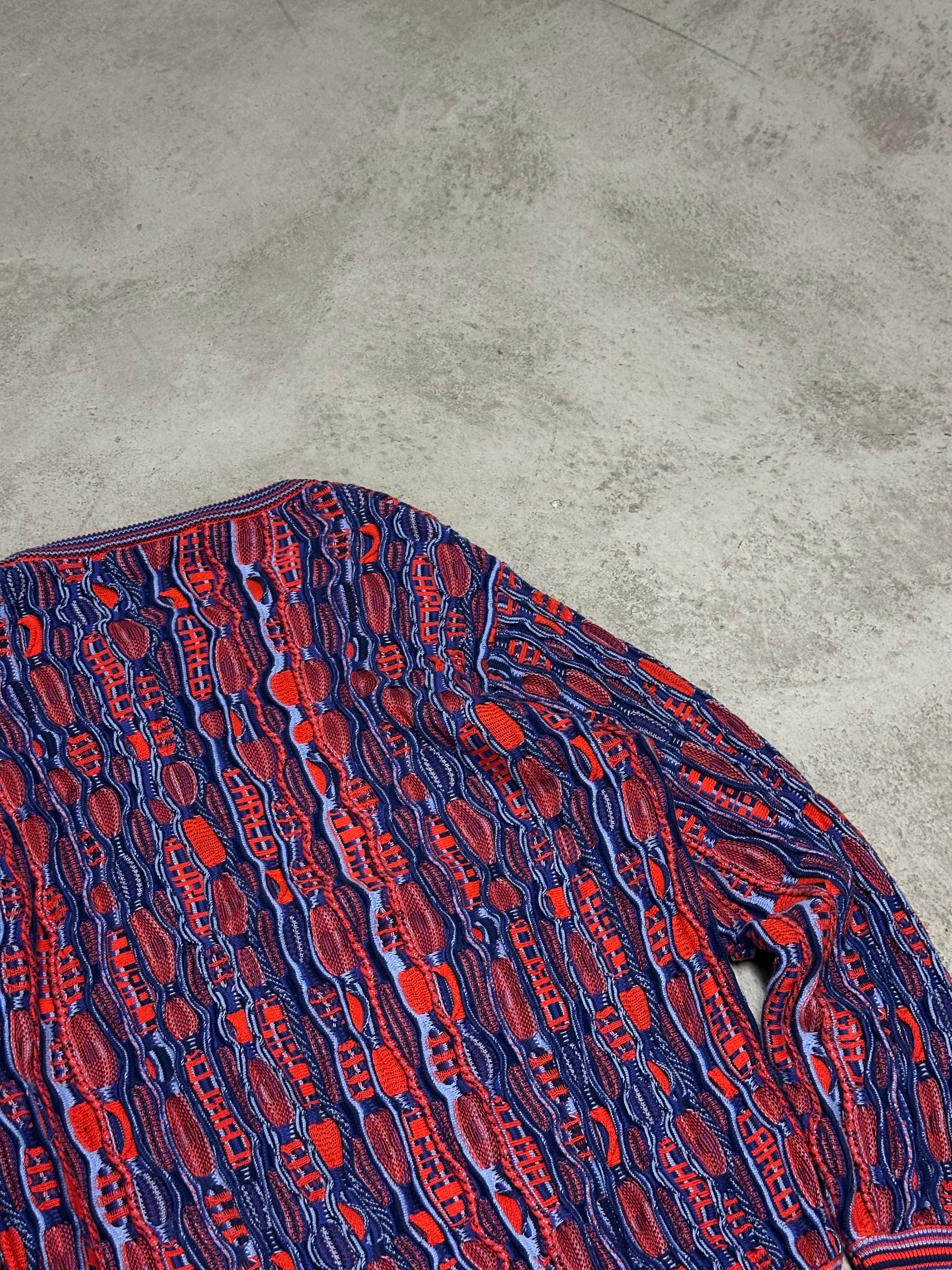 Vintage Carlo Colucci All Over Print Strickpullover – Größe L (Blau/Rot)