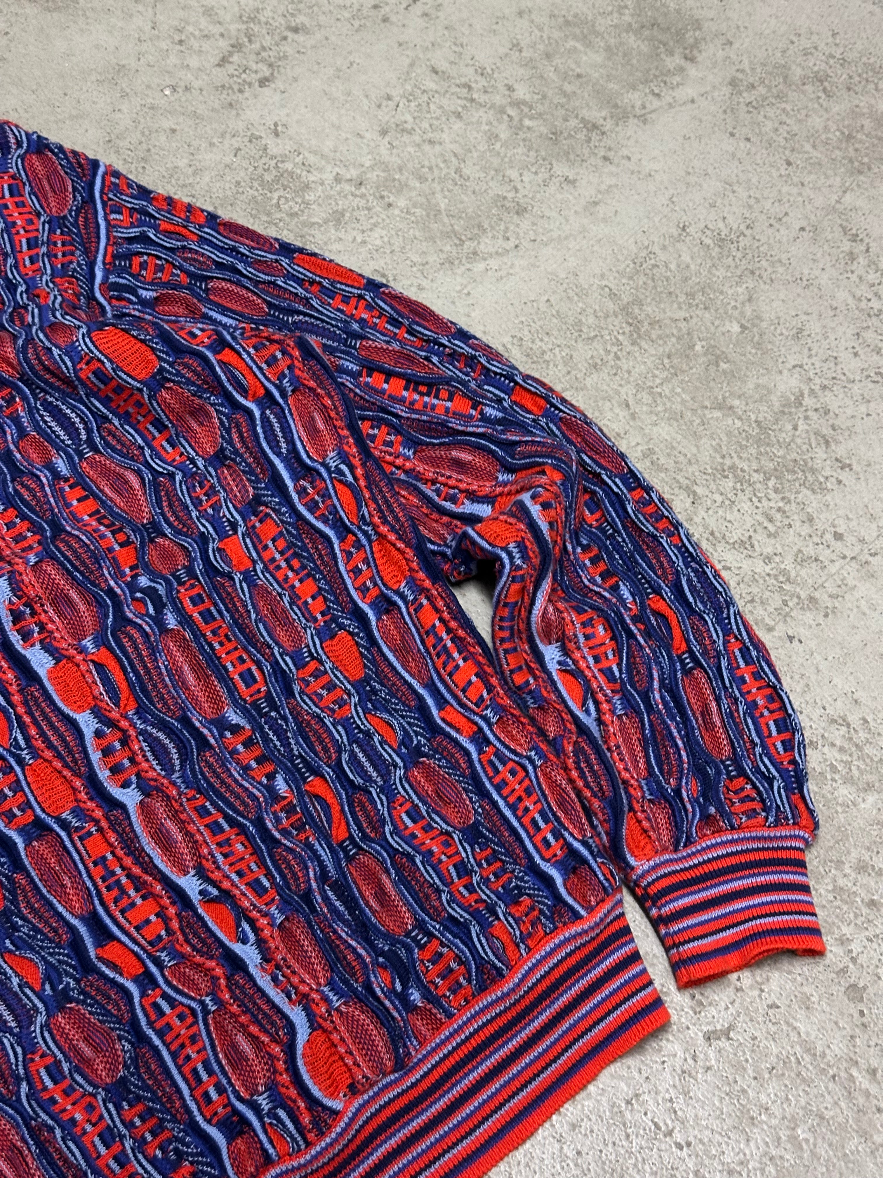 Vintage Carlo Colucci All Over Print Strickpullover – Größe L (Blau/Rot)