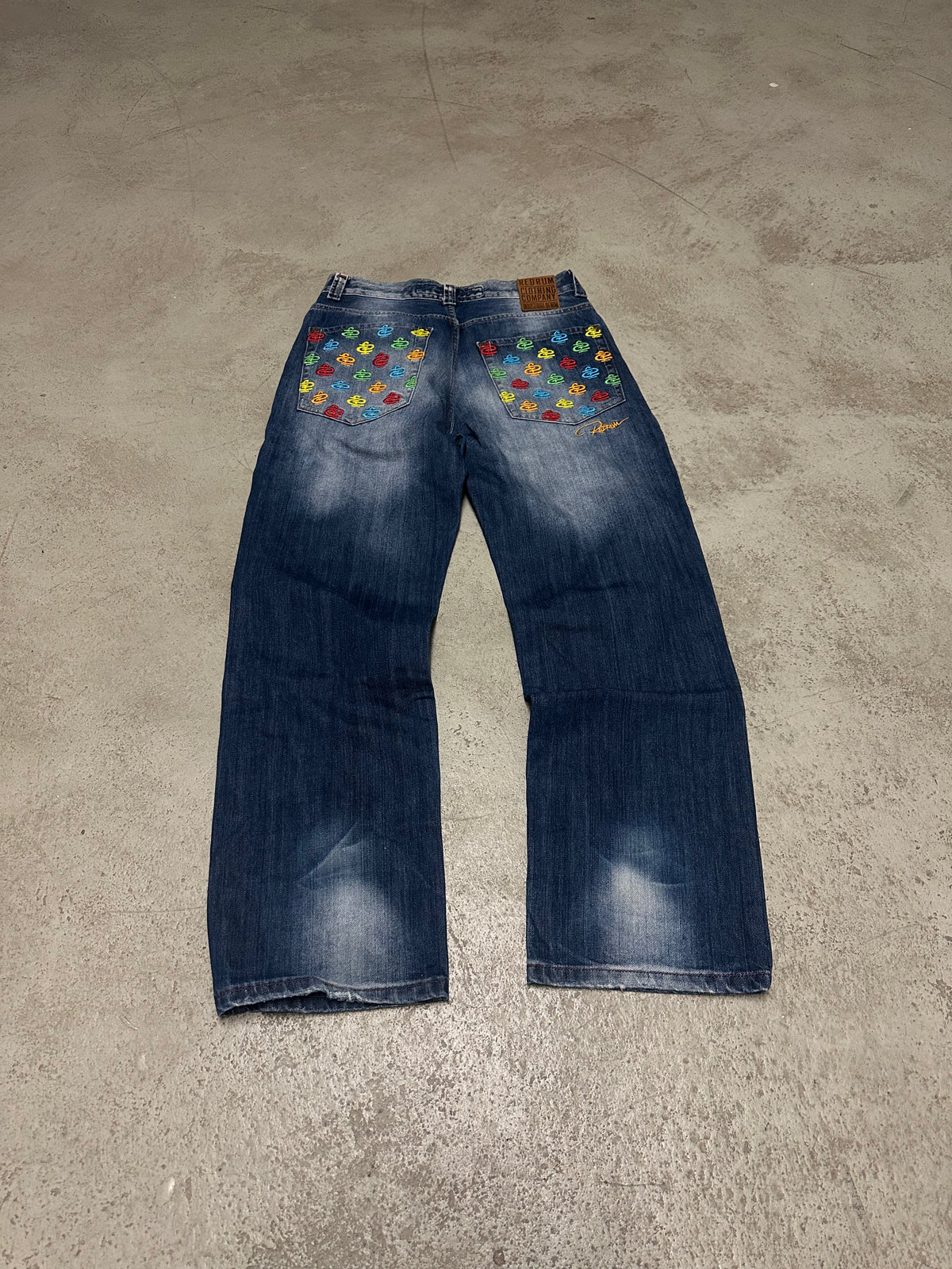 Y2K Vintage Redrum Baggy Jeans W30 L32 Blau mit Backprint Used Look