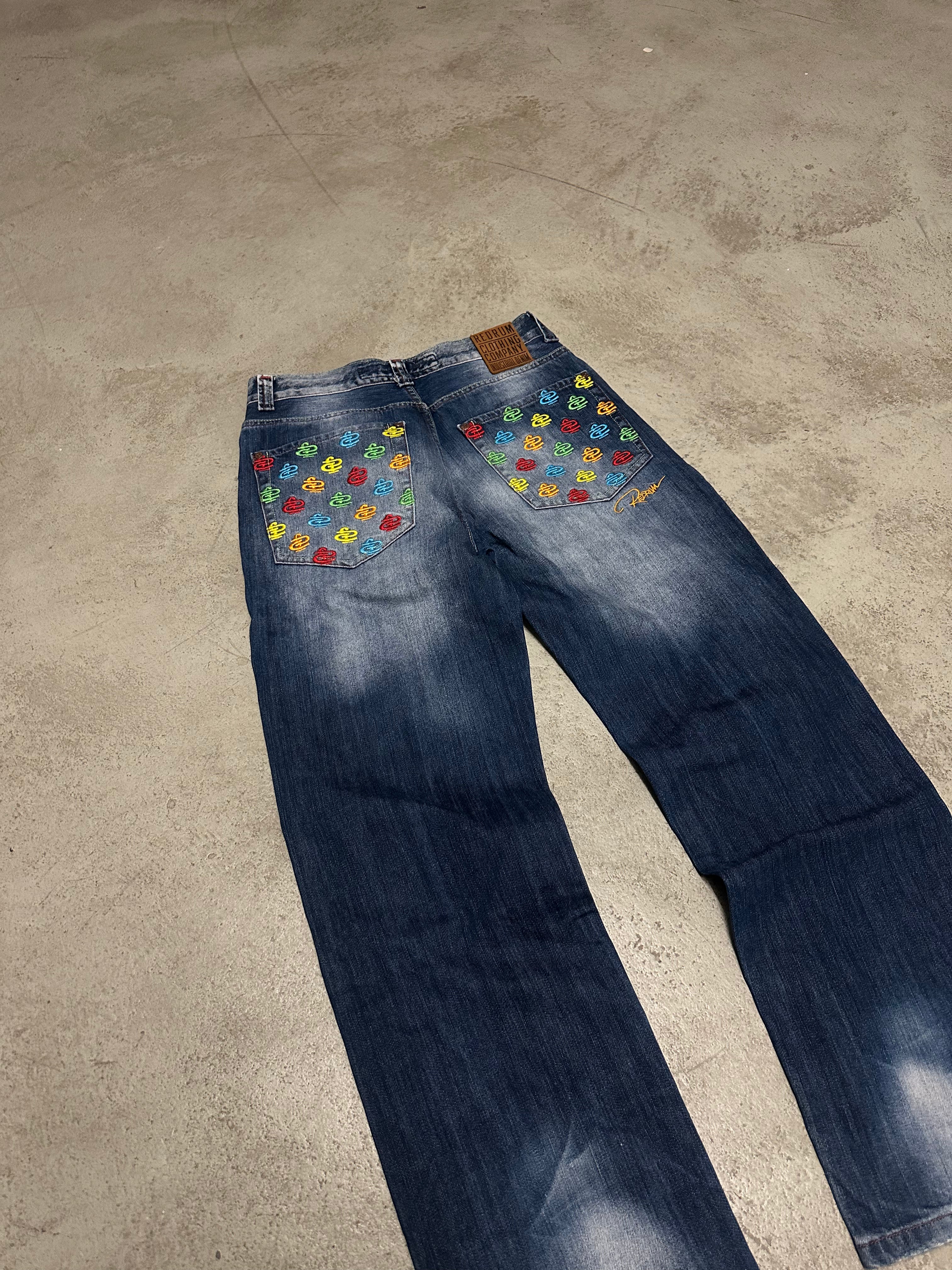 Y2K Vintage Redrum Baggy Jeans W30 L32 Blau mit Backprint Used Look