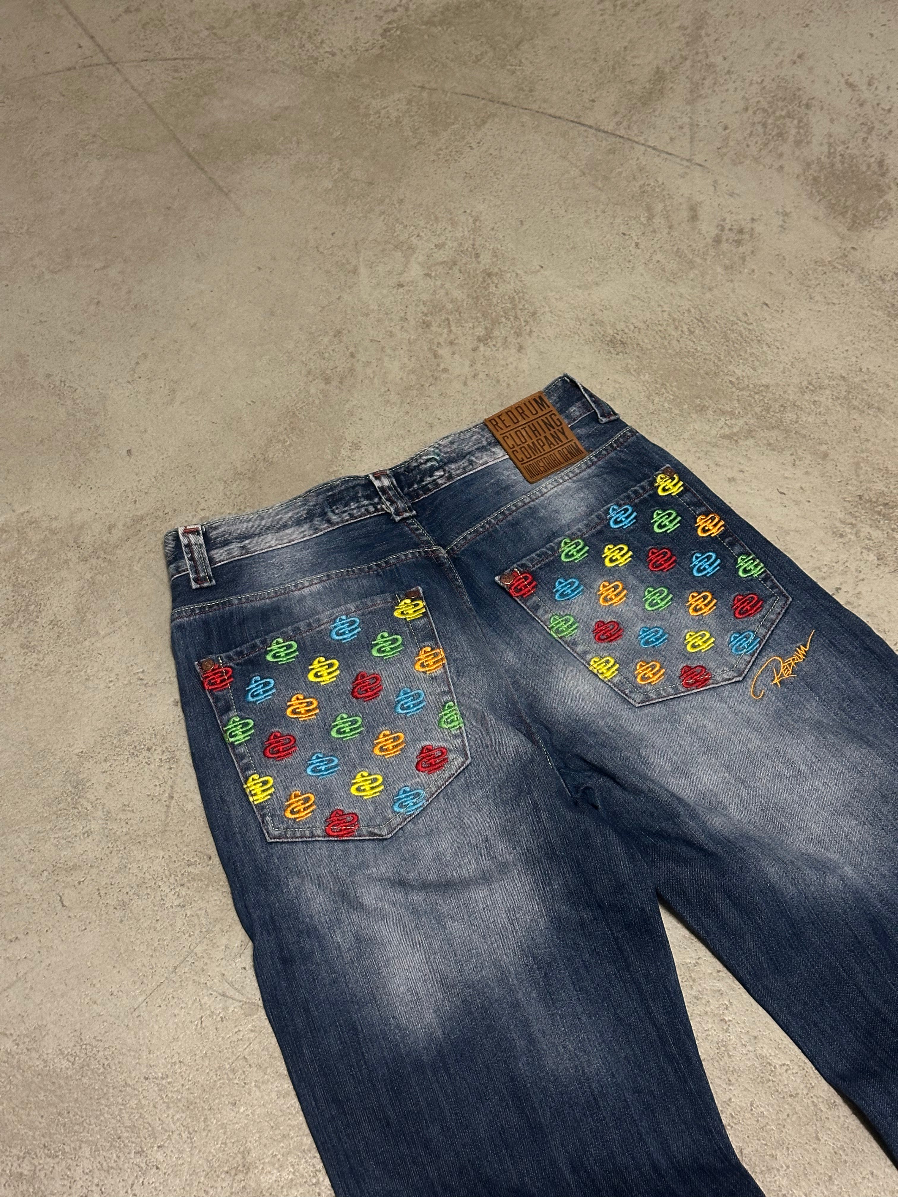 Y2K Vintage Redrum Baggy Jeans W30 L32 Blau mit Backprint Used Look