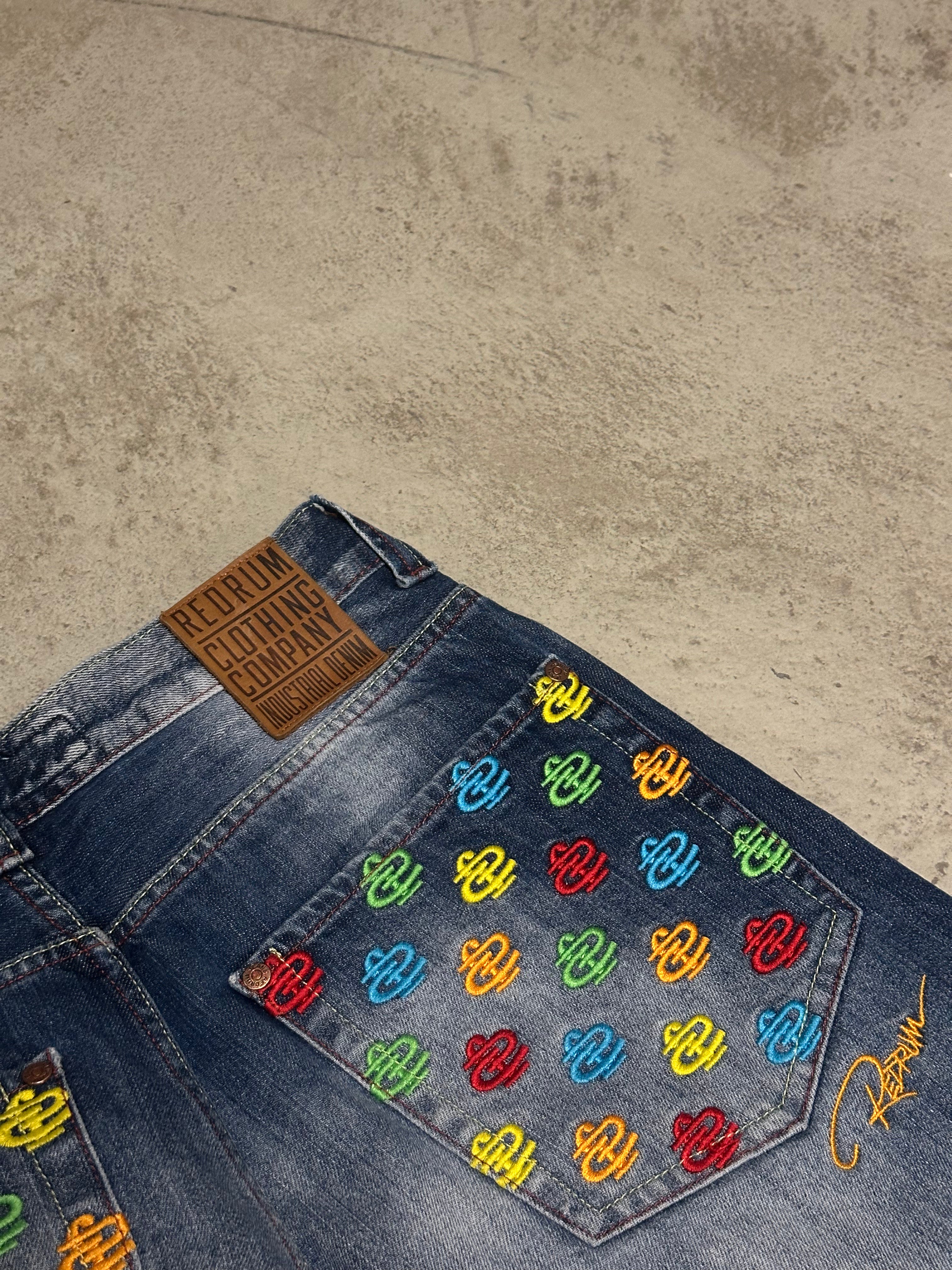 Y2K Vintage Redrum Baggy Jeans W30 L32 Blau mit Backprint Used Look