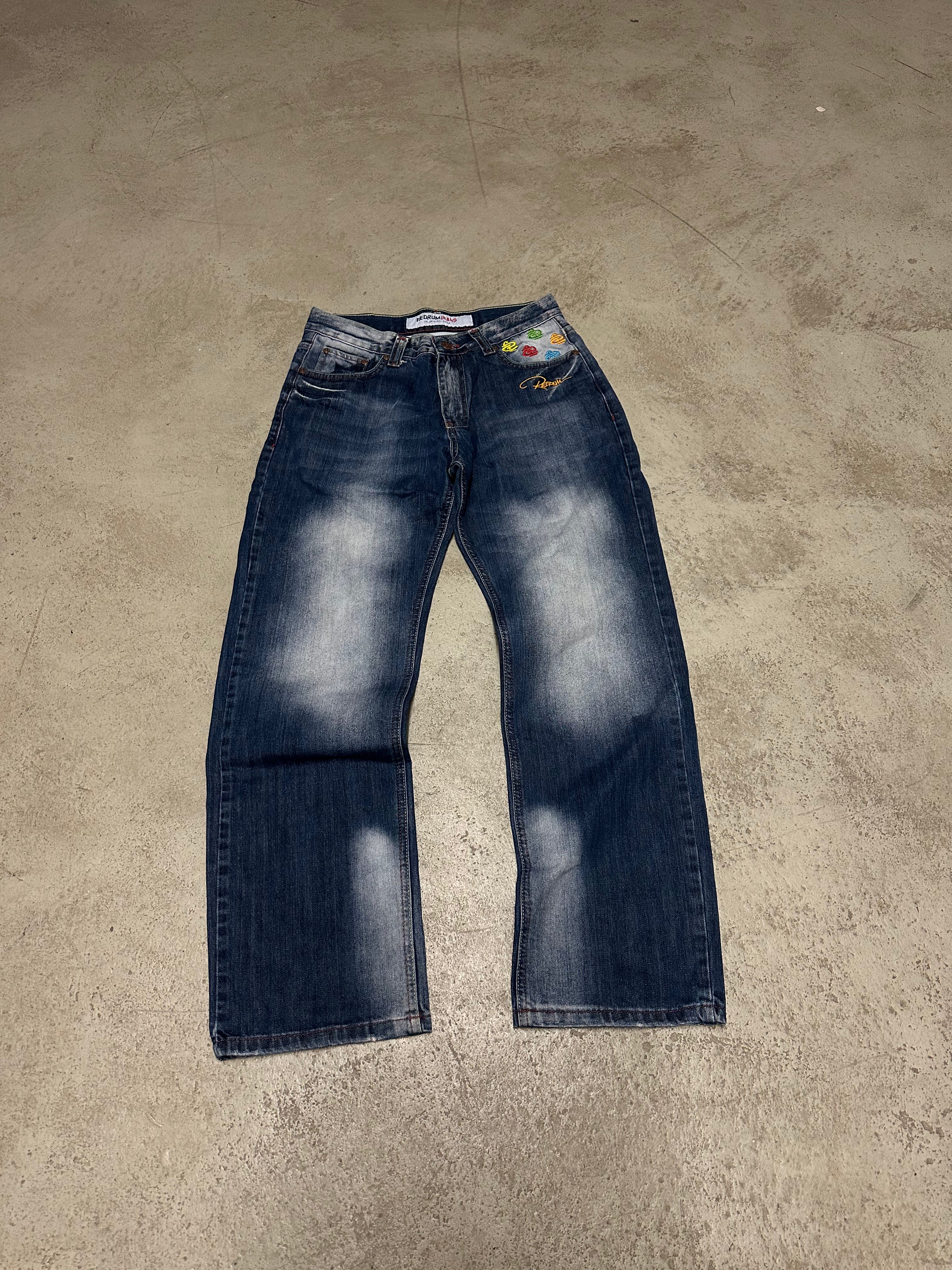 Y2K Vintage Redrum Baggy Jeans W30 L32 Blau mit Backprint Used Look