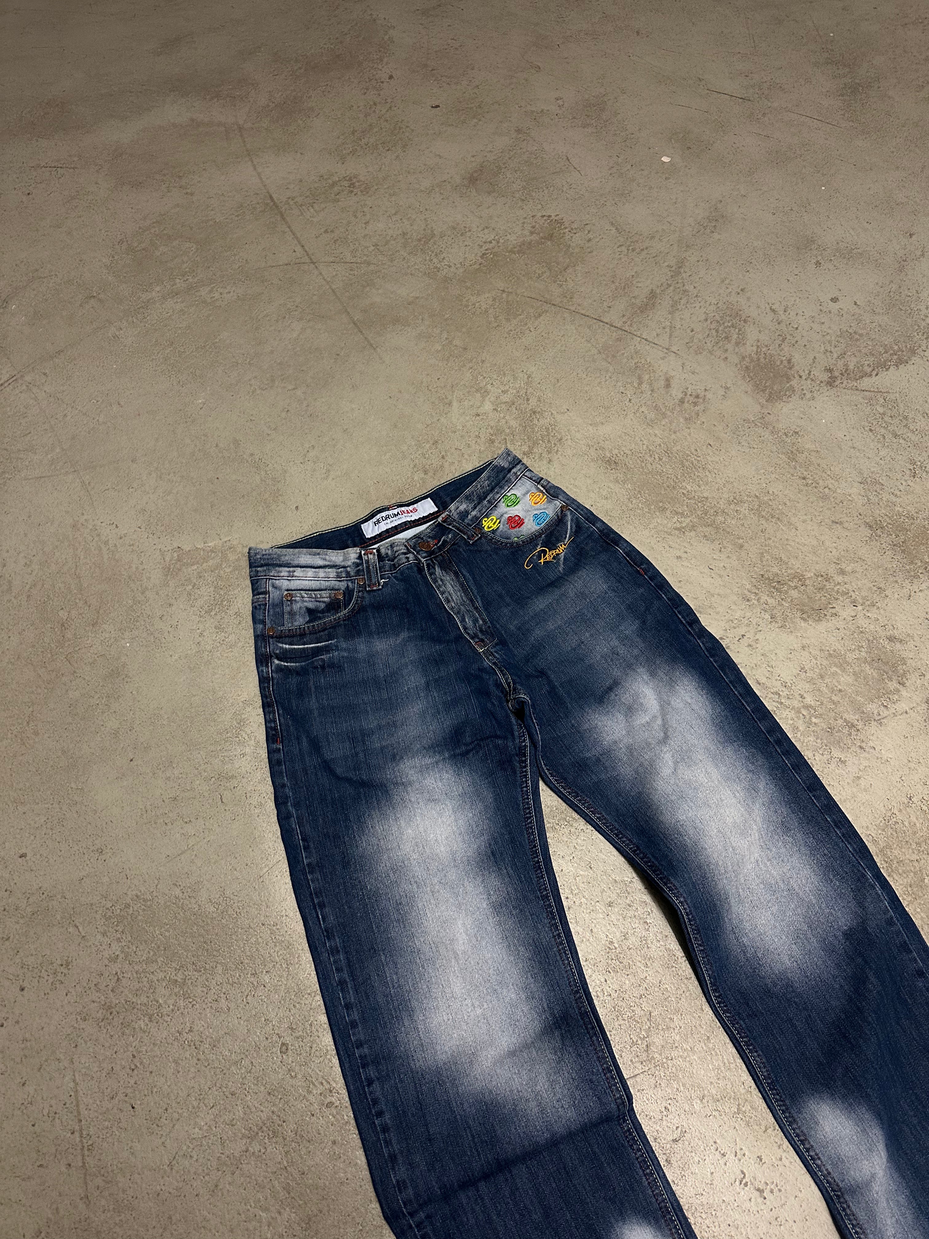 Y2K Vintage Redrum Baggy Jeans W30 L32 Blau mit Backprint Used Look