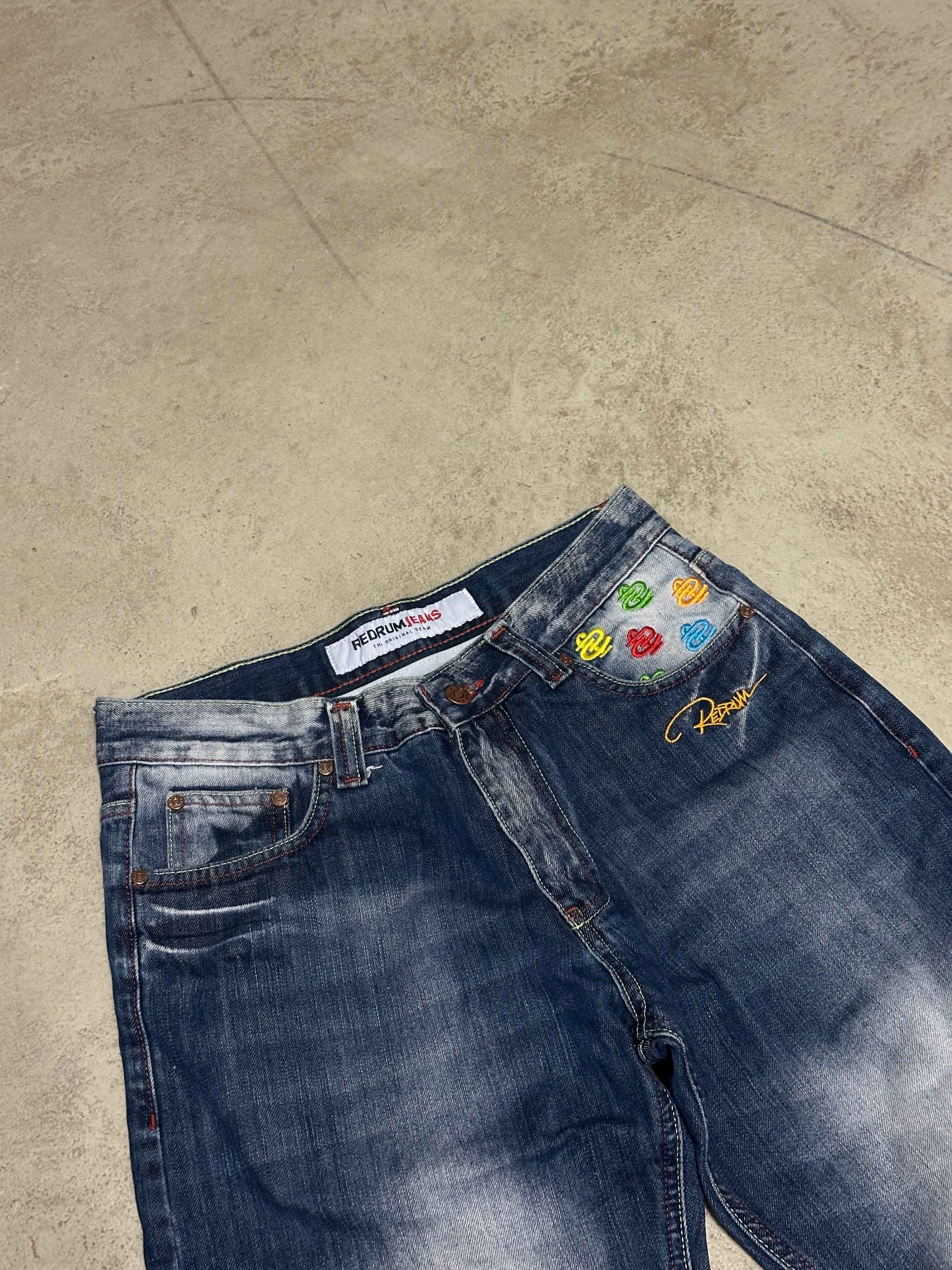 Y2K Vintage Redrum Baggy Jeans W30 L32 Blau mit Backprint Used Look